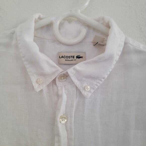 Lacoste Linen Short Sleeve Casual Button Down Cream White Sz Large Logo Beachy - Picture 14 of 16